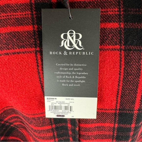 NWT Rock & Republic Womens Plaid Fringe Faux Leather Trim Poncho Red/Black - Picture 12 of 13